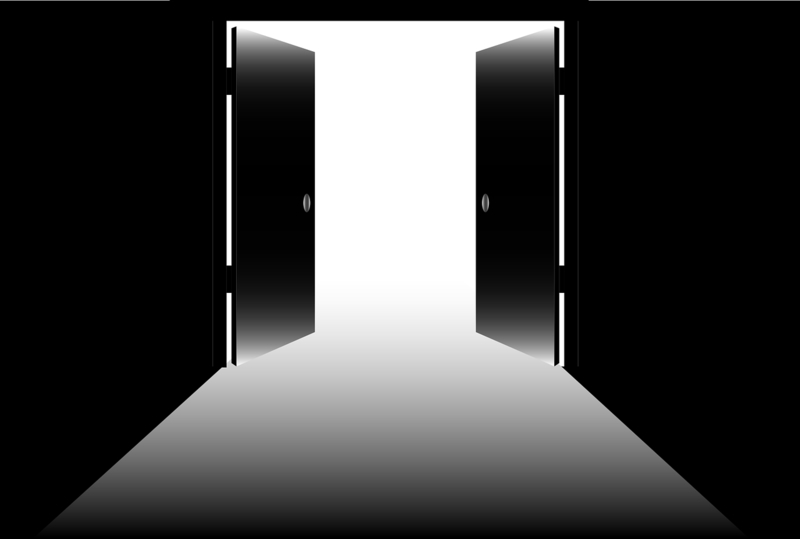 Animation of exit doors open to empty outside space